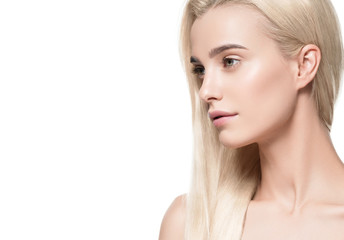 Naklejka premium Beautiful long blonde hair woman perfect beauty hairstyle healthy skin face and hair female young model