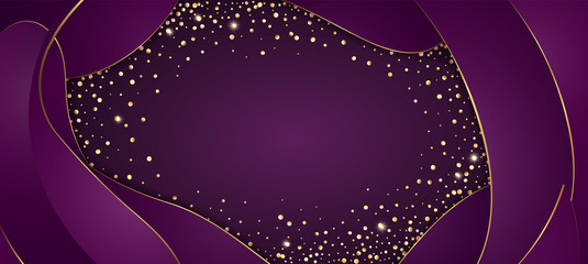 Vector festive purple background with golden glittering confetti frame for invitations, anniversary celebration birthday