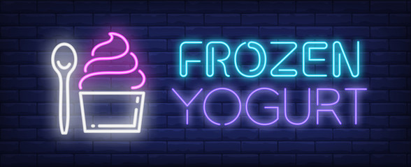 Frozen yogurt neon text with cupcake and spoon. Dessert, cafe, food and advertisement design. Night bright neon sign, colorful billboard, light banner. Vector illustration in neon style.