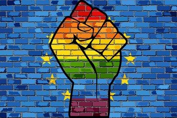 LGBT Protest Fist on a Europe Brick Wall Flag - Illustration, 
Brick Wall European Union flag and Gay flags - obrazy, fototapety, plakaty
