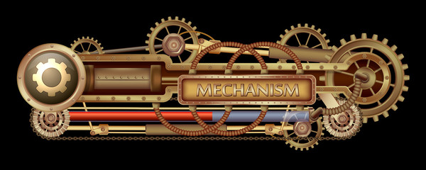 Mechanical banner decorated with brass gears, nozzles and rivets on a black Steampunk background.