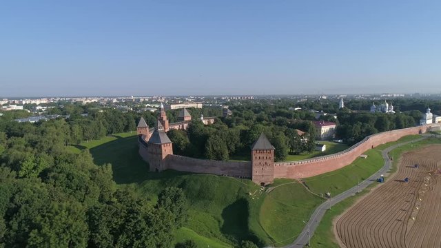 Aerial view on Saint Sophia Cathedral and Novgorod Kremlin, Veliky Novgorod, Russia, 4k