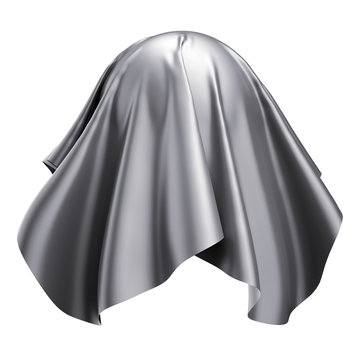 recommend clip art: 3d render, abstract folded cloth, metallic foil, soaring fabric, unveil, spherical object covered by curtain, textile cover, isolated on white background, digital illustration