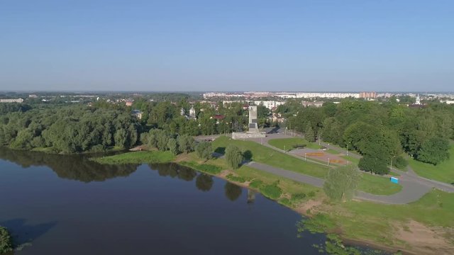 Aerial panorama view on Saint Sophia Cathedral and Novgorod Kremlin, Veliky Novgorod, Russia, 4k