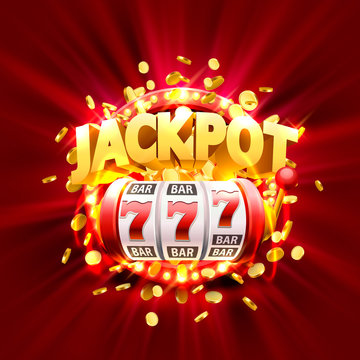 Golden slot machine wins the jackpot. Isolated on red background. Vector illustration