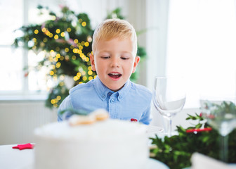 A small boy looking at a cake at home at Christmas time.