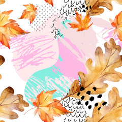 Abstraktes nahtloses Muster der Herbsteiche, Ahornblätter, flüssige Formen, minimales Schmutzelement, Gekritzel