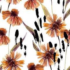 Materiał do szycia Akwarela rumianek kwiaty, liście tło.