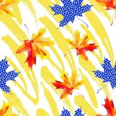 Foto op Plexiglas Ruwe grunge penseelstreken en aquarel esdoorn bladeren naadloze patroon. © Tanya Syrytsyna