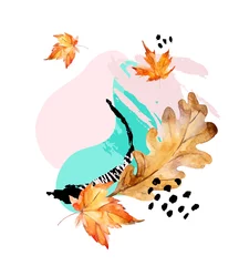  Abstracte compositie van herfsteik, esdoornbladeren, vloeiende vormen, minimaal grunge-element, doodle © Tanya Syrytsyna