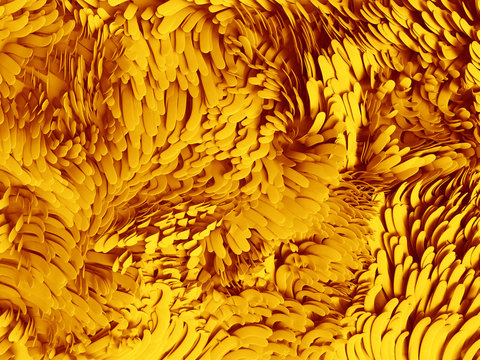 3d Render, Abstract Wavy Scales Background, Yellow Color, Pattern, Paper Craft, Macro Carpet Texture