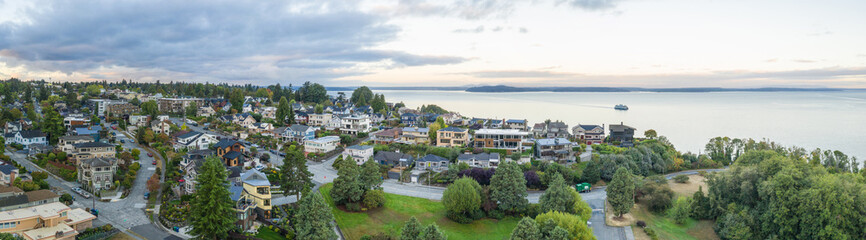 Fototapeta na wymiar Aerial drone panorama residential real estate in Seattle Washington
