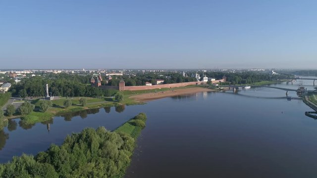 Aerial view on Saint Sophia Cathedral and Novgorod Kremlin on Volkhov river, Veliky Novgorod, Russia, 4k