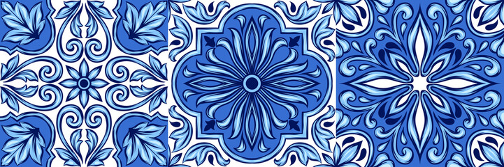 Portuguese azulejo ceramic tile pattern. - obrazy, fototapety, plakaty