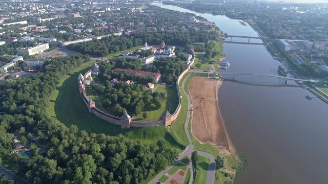 Aerial view on Saint Sophia Cathedral and Novgorod Kremlin, Veliky Novgorod, Russia, 4k