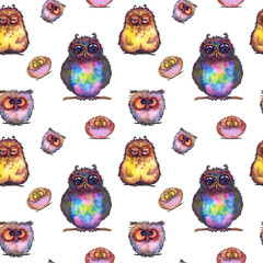 Seamless pattern with funny owl characters. Watercolor on white background.