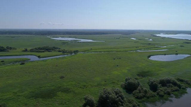 Aerial panorama view of Ilmen Lake and Volkhov river in Veliky Novgorod, Russia, 4k