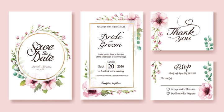 Wedding Invitation, save the date, thank you, rsvp card Design template. Vector. Watercolor styles.