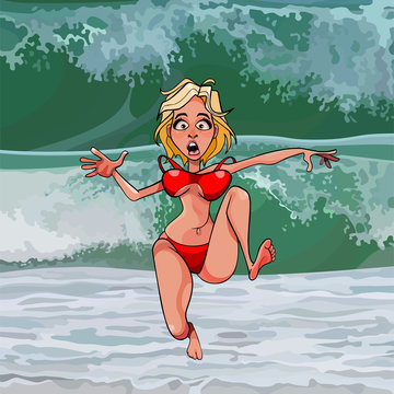 cartoon funny woman runs away from a big wave