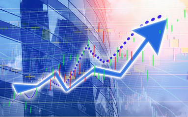 Stock index growth shown the graph and chart in Commercial buildings background (blue bull chart)