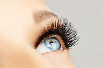 Female eye with extreme long false eyelashes and black liner. Eyelash extensions, make-up,...