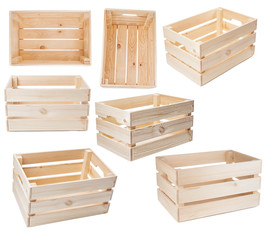 Set of wooden crates isolated on white background
