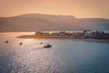 Sunrise landscape in Ullapool, fishing village, located in Loch Broom, Scottish Highlands