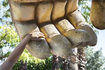 Mano de un muñeco gigante comparando el tamaño de una humana.