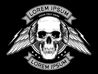 Tattoo skull illustration in decorative frame with wings