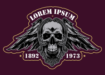 Tattoo skull illustration in decorative frame in baroque style 