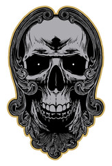 Tattoo skull illustration in decorative frame in baroque style 