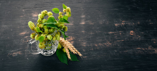 Hops and wheat in a glass for beer. On an old wooden table. Free space for text. Top view.