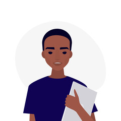 A portrait of young millennial character. African american boy holding a laptop. Flat editable vector illustration, clip art