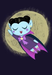 Fantasy cartoon little vampire, boy wearing Halloween costume flying on the background of the moon superhero