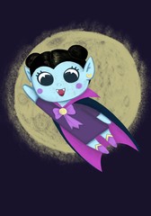 Fantasy cartoon little vampire, boy wearing Halloween costume flying on the background of the moon superhero
