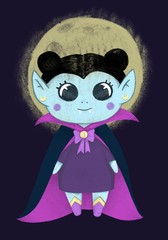 Fantasy cartoon little vampire, boy wearing Halloween costume flying on the background of the moon