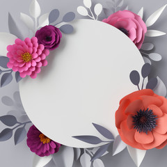 3d render, abstract paper flowers, floral background, blank round frame, greeting card template