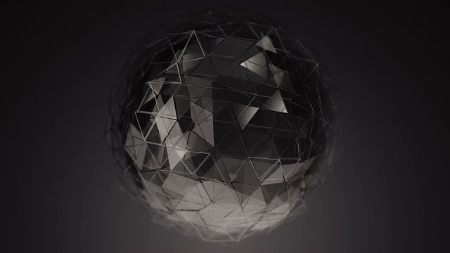 Abstract background with animation of waving smooth polygonal surface on sphere from glass, chrome or plastic. Good technological backdrop. Animation of seamless loop.