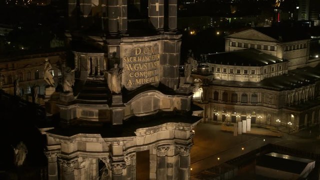 Dresden night scene Drone aerial Semperoper, Katholische Hofkirche, Frauenkirche, Kunsthochschule
