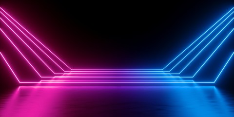 3d render, abstract minimal background, glowing lines, blank space, pink blue neon lights,...