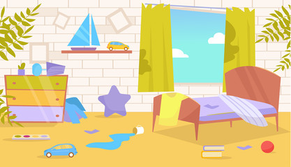 Children's room. Dirty, messy Vector. Cartoon. Isolated art on white background.