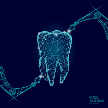 3d tooth innovation robot arm polygonal concept. Stomatology symbol low poly triangle abstract oral dental medical care business. Connected dot particle modern render blue vector illustration