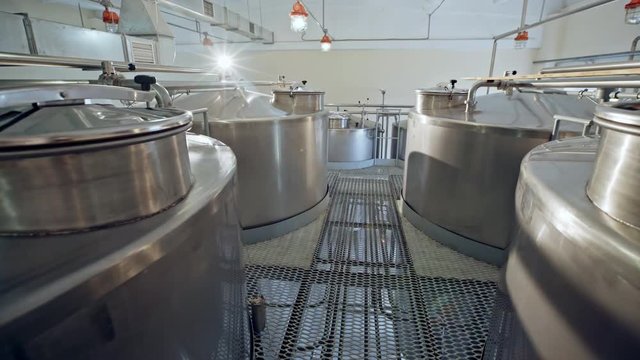 View of tops of shiny metal beer tanks in room of industrial brewery.