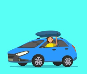 Woman driving Car with Luggage trunks suitcase on top. Travel or relocation, migration, trip concept.