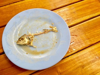 Fish bone (mackerel) on dirty dish