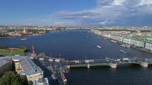 Aerial panorama view of the city center of St. Petersburg, Peter and Paul Fortress, Hermitage, Winter Palace, Russia, 4k
