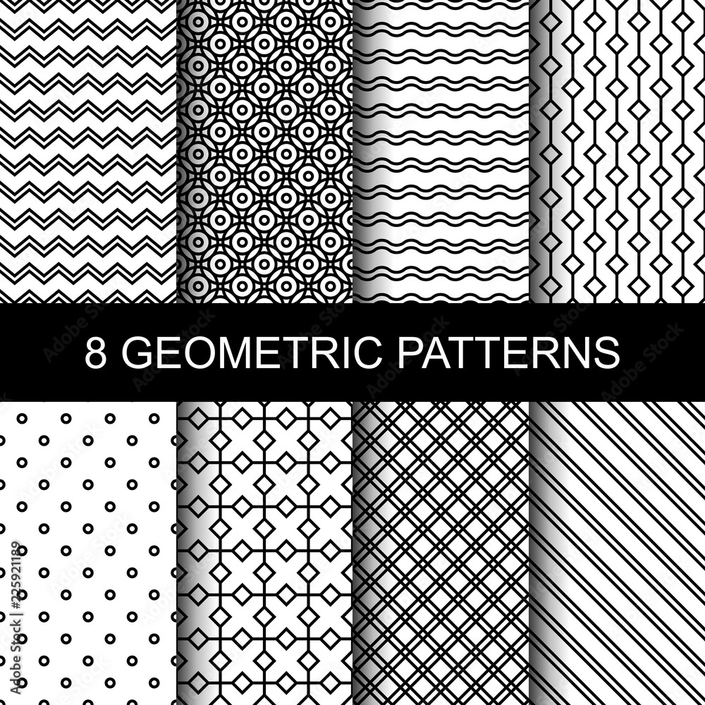 Poster Set of vector geometric patterns. Collection of seamless patterns for your design.
