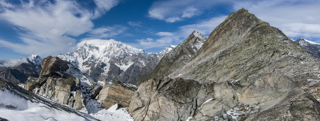View to Monte Moro mountain from Monte Moro pass near Macugnaga, Monte Rosa massif at background, Italy. Panorama