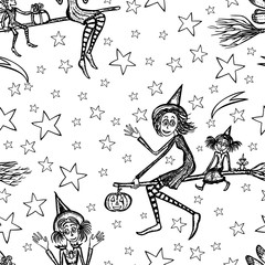 Pattern of witches flying on broomsticks