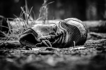 A lost shoe in a trail (B&W)